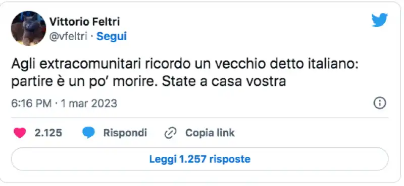 tweet di vittorio feltri sui migranti