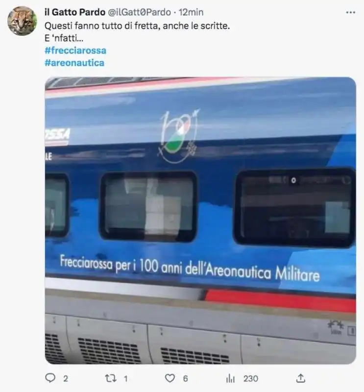 tweet sul frecciarossa per l aeronautica con la scritta sbagliata 1