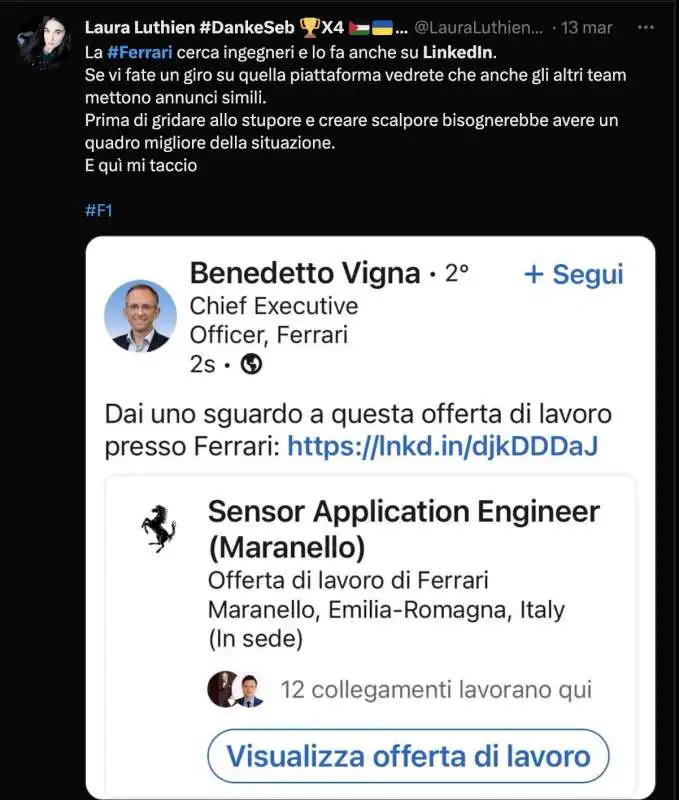 tweet sulla ferrari che cerca ingegneri su linkedin   7