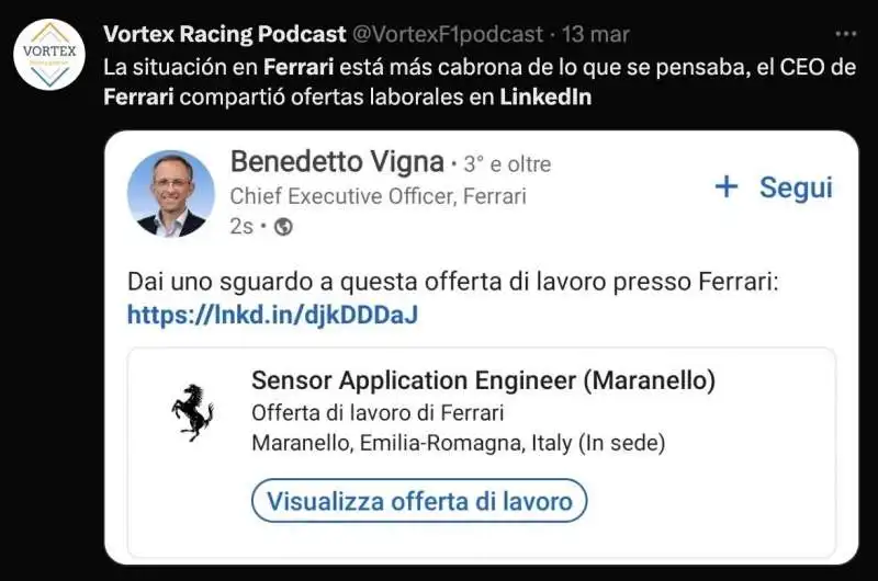 tweet sulla ferrari che cerca ingegneri su linkedin   8