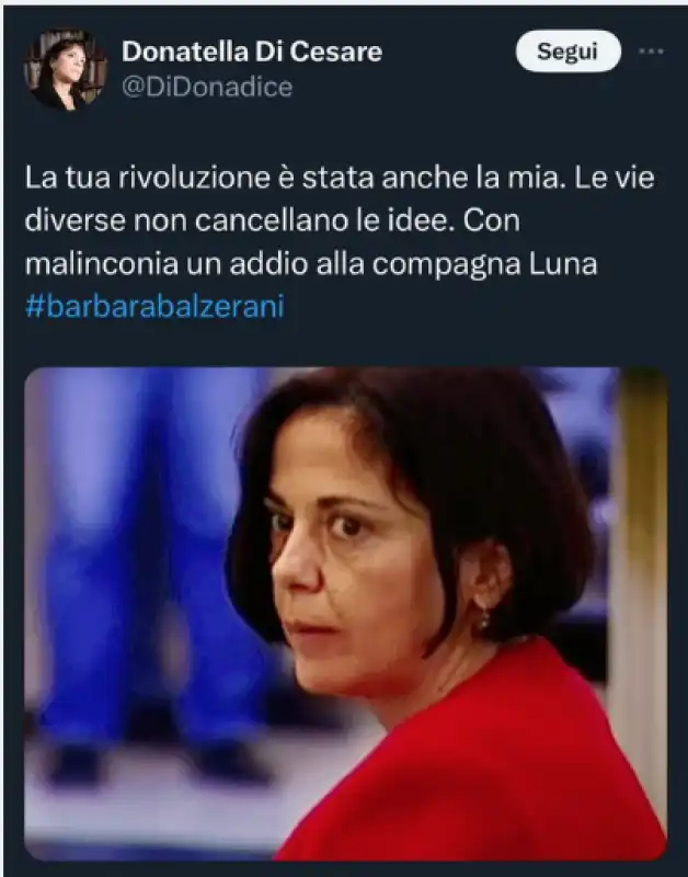 DONATELLA DI CESARE TWEET SU BARBARA BALZERANI