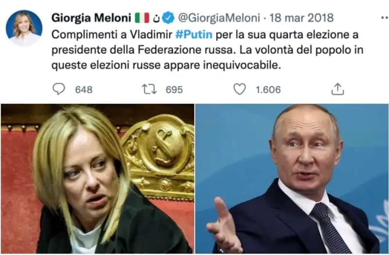 IL TWEET CON CUI GIORGIA MELONI SI COMPLIMENTO' CON PUTIN PER LE ELEZIONI DEL 2018