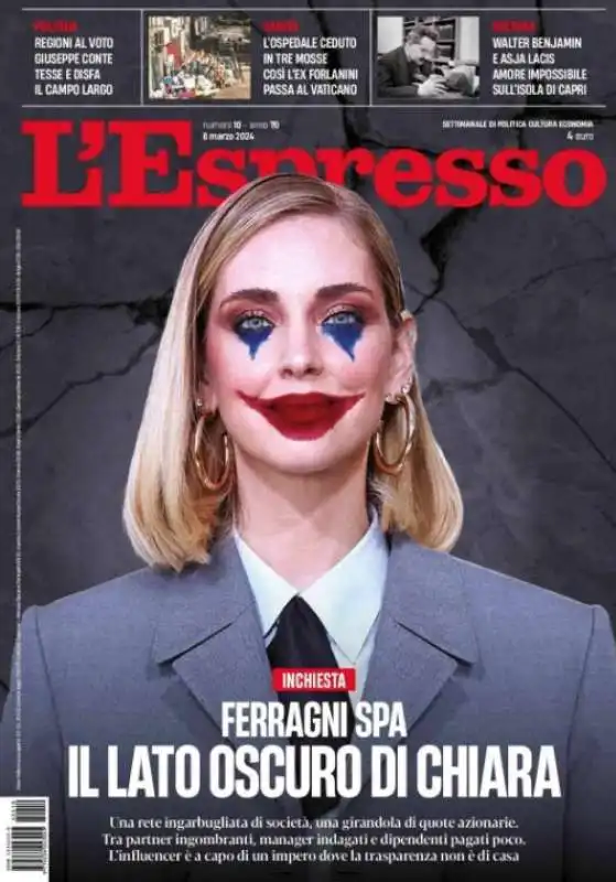 la copertina l'espresso su chiara ferragni in stile joker