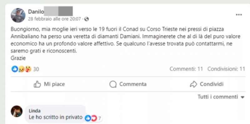 DONNA perde l'anello di diamanti E IL MARITO lo ritrova grazie all’appello su FACEBOOK