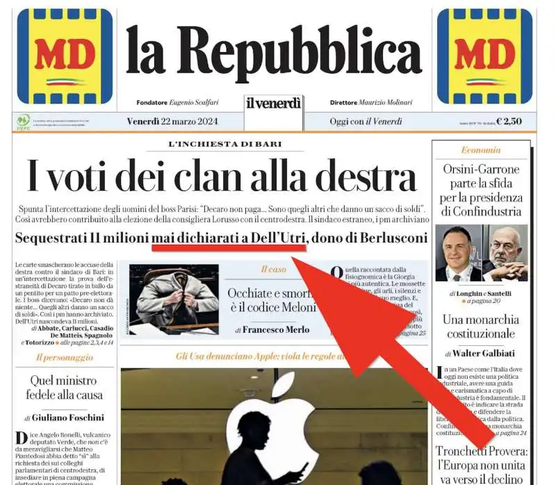 La Repubblica, milioni mai dichiarati a Dell'Utri