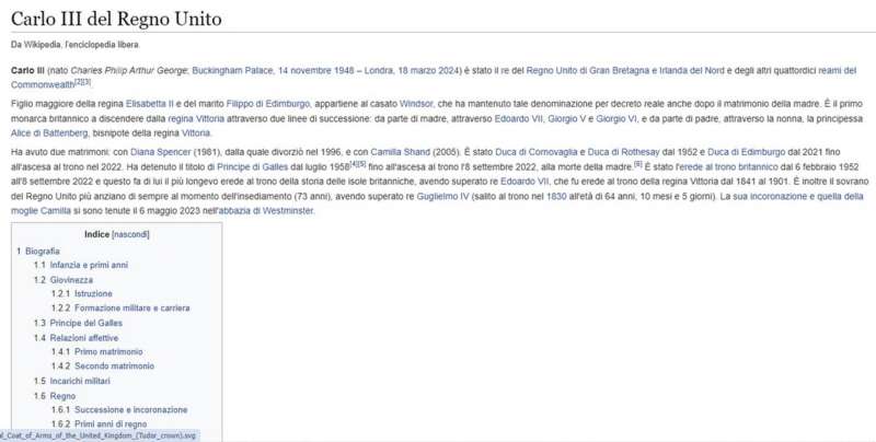 PAGINA DI WIKIPEDIA CON LA MORTE DI RE CARLO