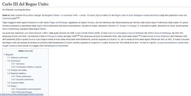 PAGINA DI WIKIPEDIA CON LA MORTE DI RE CARLO 