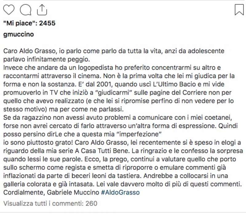 post di gabriele muccino contro aldo grasso