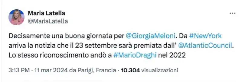 tweet di maria latella su giorgia meloni premiata dall atlantic council