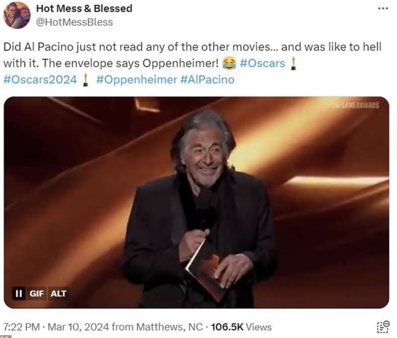 tweet su al pacino agli oscar 2024