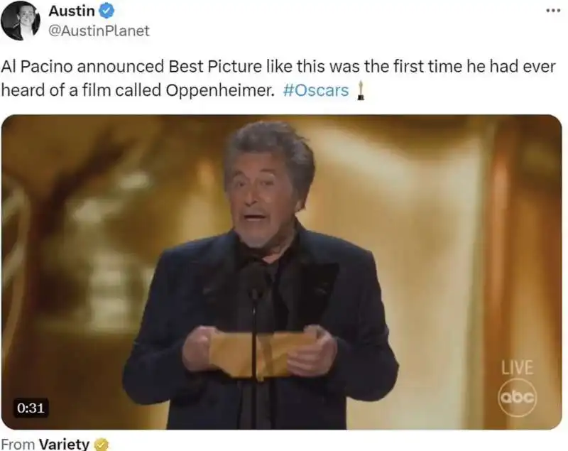 tweet su al pacino agli oscar 2024  2