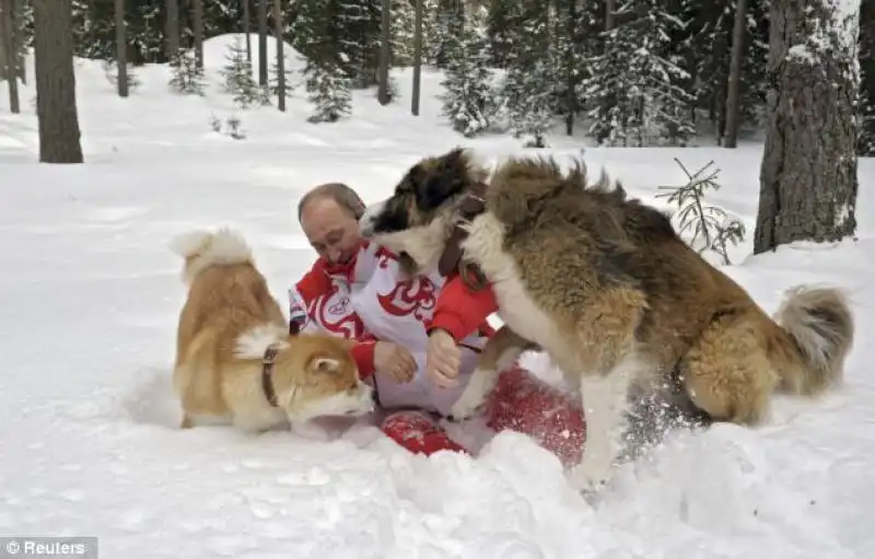 PUTIN GIOCA NELLA NEVE CON I SUOI CANI 