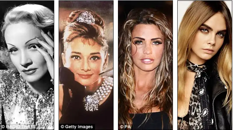 marlene dietrich, audry hepburn, katie price e cara delevigne