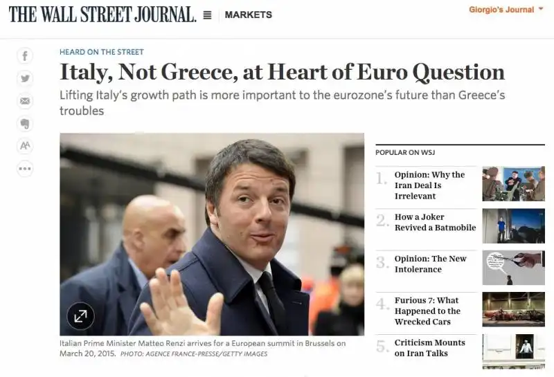 RENZI E LA CRESCITA ITALIANA SUL WALL STREET JOURNAL