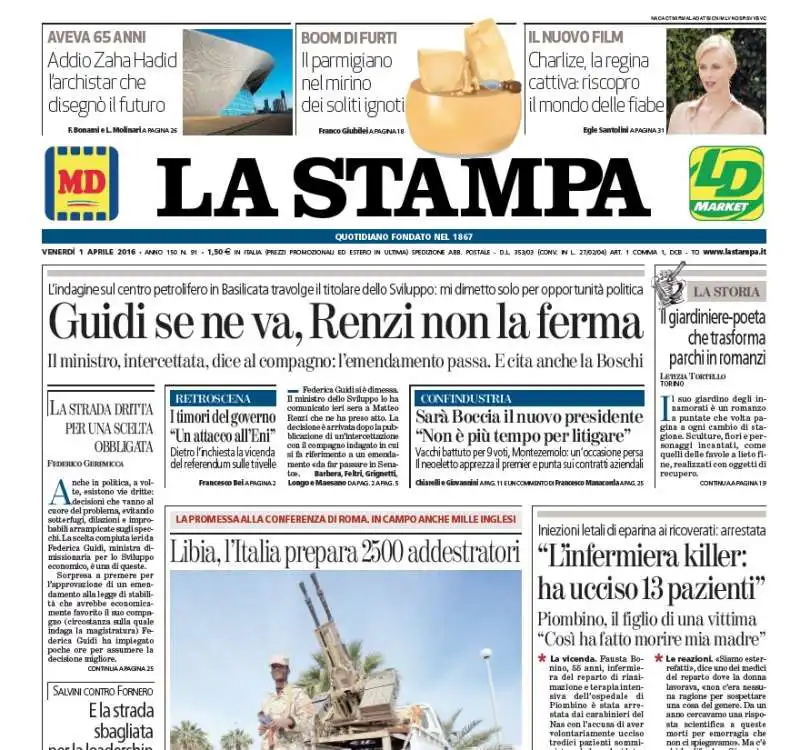 la prima pagina de la stampa senza foto di federica guidi