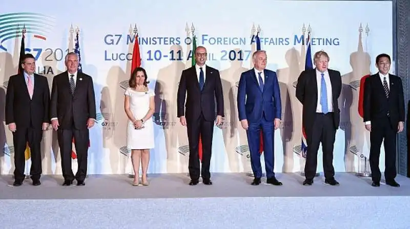 MINISTRI DEGLI ESTERI G7 Mogherini, Gabriel, Tillerson, Freeland, Alfano, Ayrault, Johnson Kishida