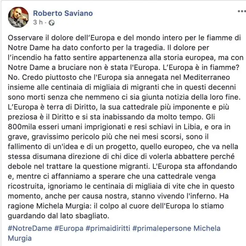 IL POST DI ROBERTO SAVIANO SU NOTRE DAME