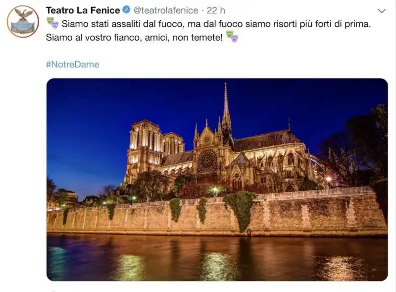 IL TWEET DEL TEATRO LA FENICE SU NOTRE DAME