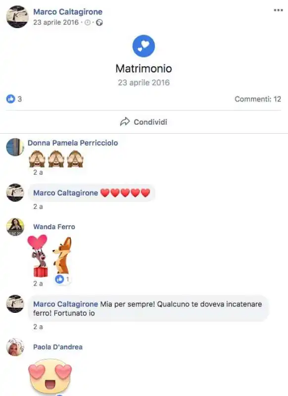 marco caltagirone si sposa e wanda ferro commenta con baci e amore