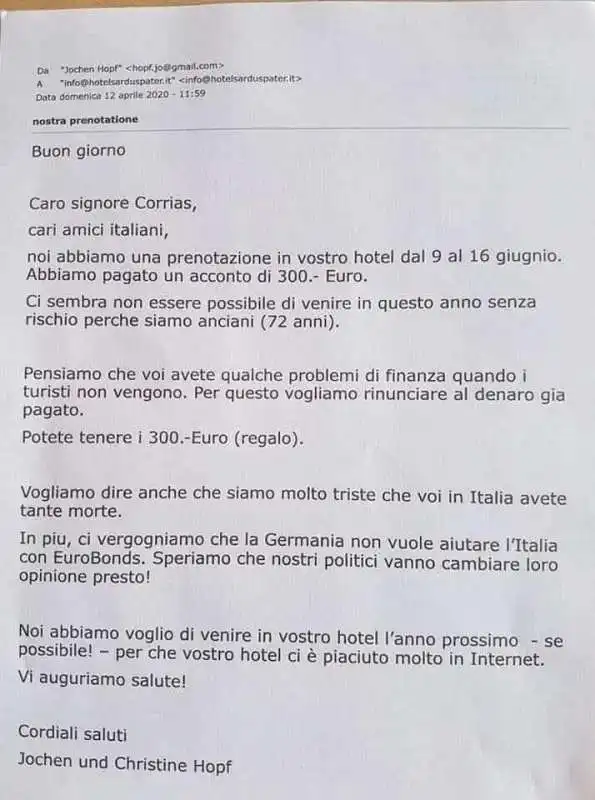 la mail dei turisti tedeschi che rinunciano alla caparra