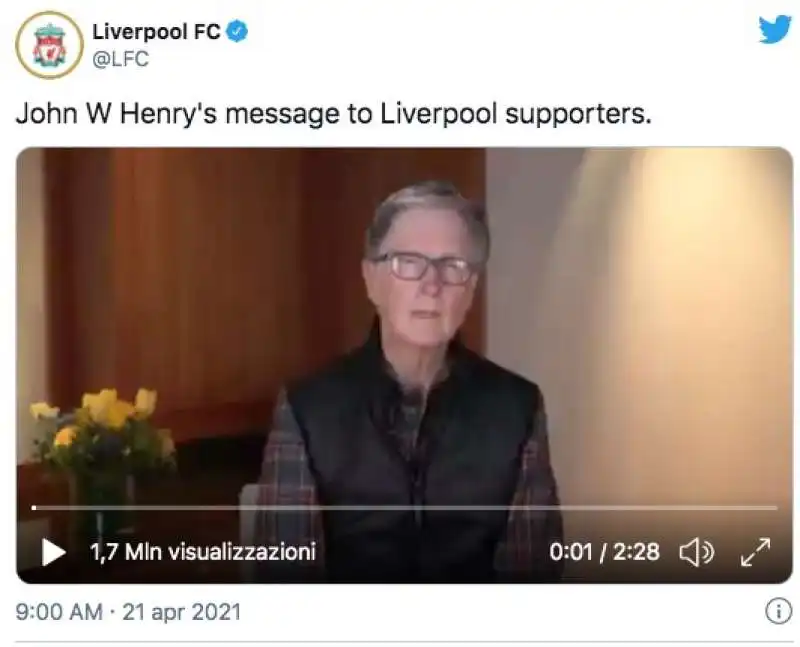 il messaggio di scusa del presidente del liverpool