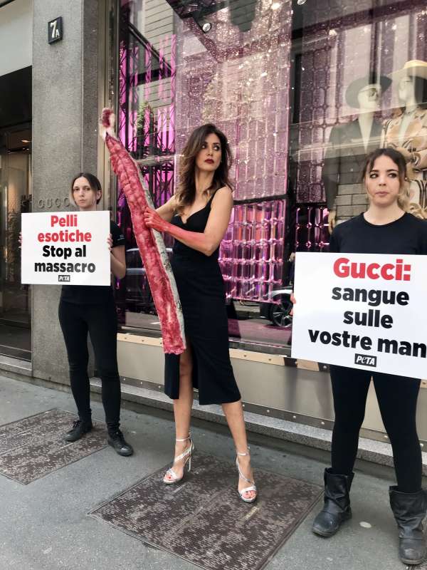 DANIELA MARTANI E IL SIT DELLA PETA DAVANTI AL NEGOZIO GUCCI DI MILANO