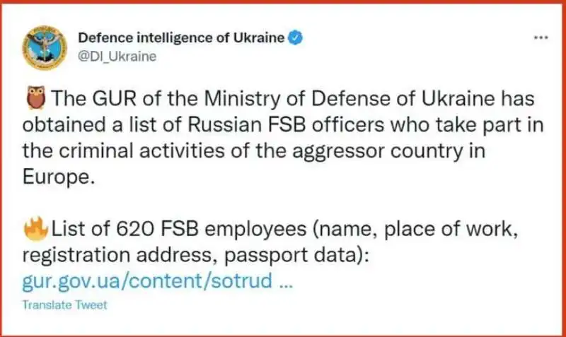 INTELLIGENCE UCRAINA DIFFONDE I DATI DI 600 PERSONE APPARTENENTI ALL FSB I SERVIZI SEGRETI RUSSI