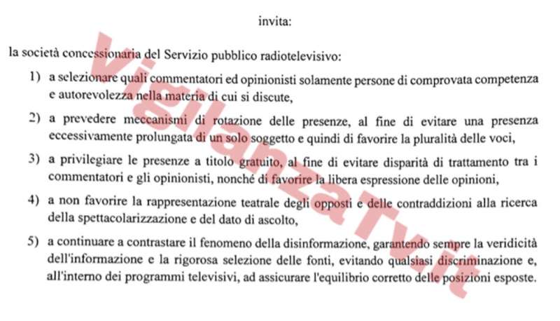 LA BOZZA DELLA RISOLUZIONE DELLA COMMISSIONE DI VIGILANZA RAI SUGLI OSPITI NEI TALK SHOW