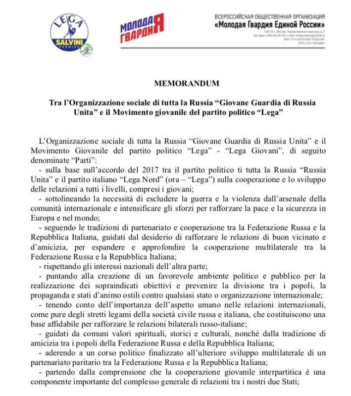 MEMORANDUM TRA IL MOVIMENTO GIOVANILE DELLA LEGA NORD E LA GIOVANE GUARDIA DI RUSSIA UNITA 1 DI 2