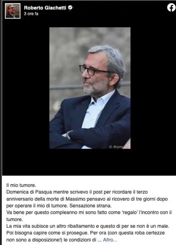 ROBERTO GIACHETTI ANNUNCIA SU FACEBOOK DI AVERE UN TUMORE