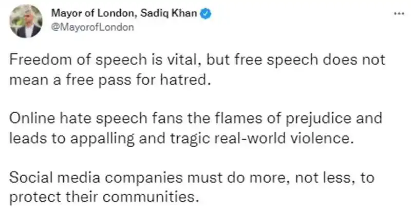 Tweet di Sadiq Khan