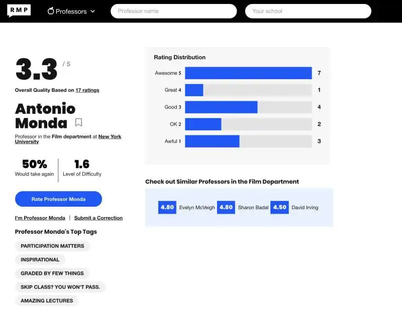 VALUTAZIONI DI ANTONIO MONDA SU RATE MY PROFESSOR