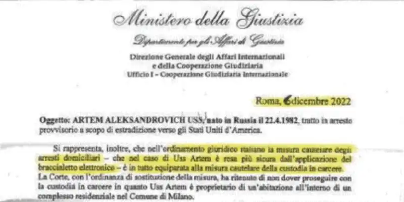 CASO ARTEM USS - RISPOSTA DEL MINISTERO DELLA GIUSTIZIA ITALIANO AGLI USA