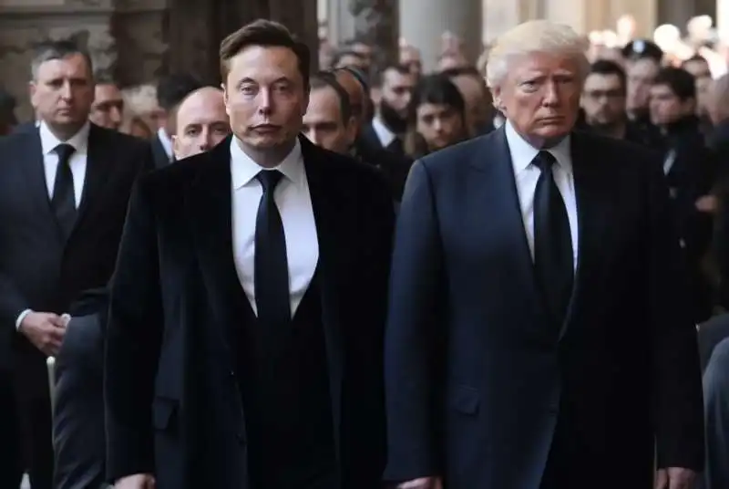 elon musk e donald trump ai funerali di berlusconi   foto creata dall intelligenza artificiale 