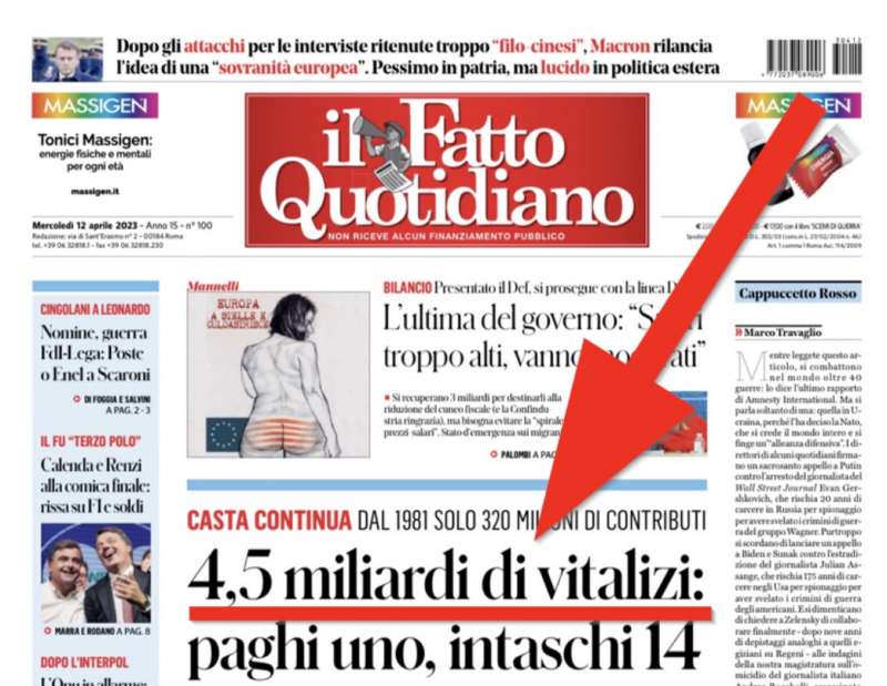 il fatto quotidiano, 4,5 miliardi di vitalizi