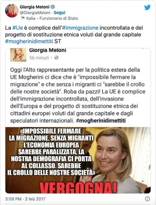 IL POST DI GIORGIA MELONI SULLA SOSTITUZIONE ETNICA