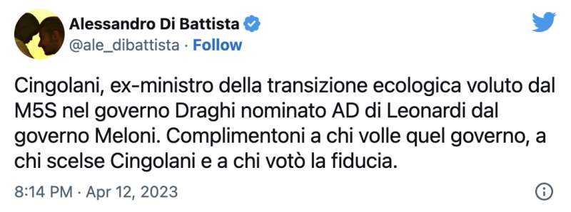 IL TWEET DI ALESSANDRO DI BATTISTA SU CINGOLANI AD DI LEONARDO