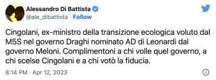 IL TWEET DI ALESSANDRO DI BATTISTA SU CINGOLANI AD DI LEONARDO