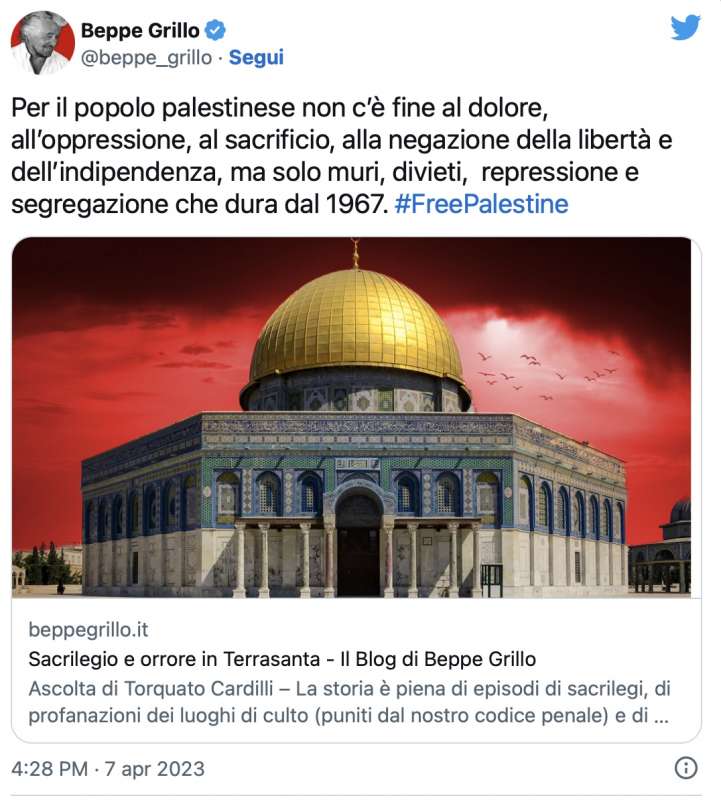 IL TWEET PRO PALESTINA DI BEPPE GRILLO