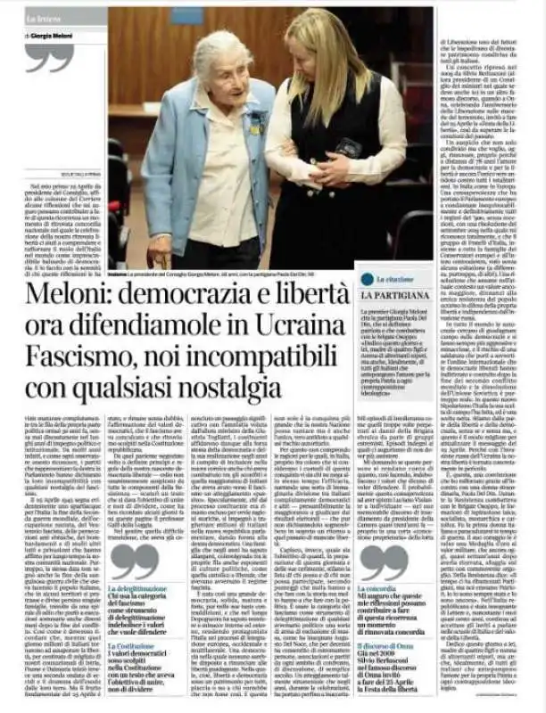 LETTERA DI GIORGIA MELONI AL CORRIERE DELLA SERA PER IL 25 APRILE