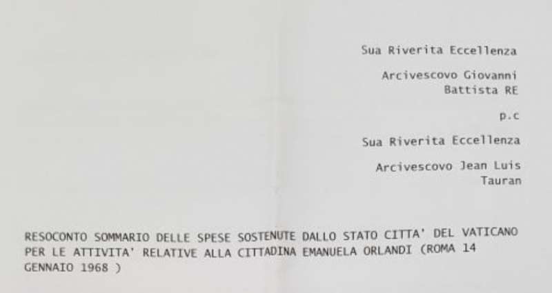 PRESUNTO RENDICONTO SPESE DEL VATICANO RELATIVE A EMANUELA ORLANDI