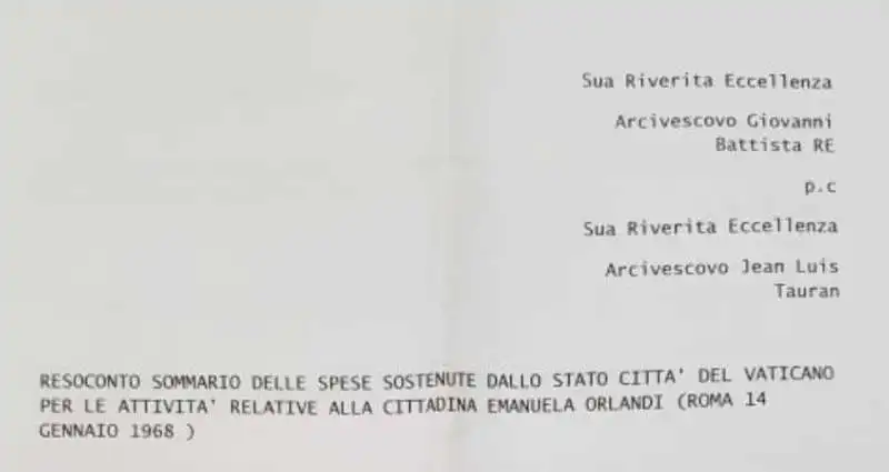 PRESUNTO RENDICONTO SPESE DEL VATICANO RELATIVE A EMANUELA ORLANDI