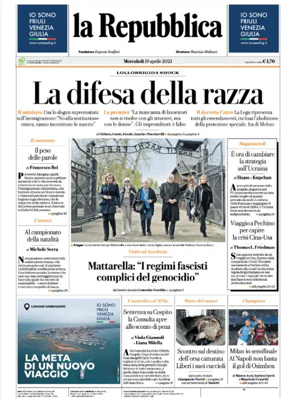 prima pagina di repubblica 19 aprile sulle dichiarazioni del ministro lollobrigida