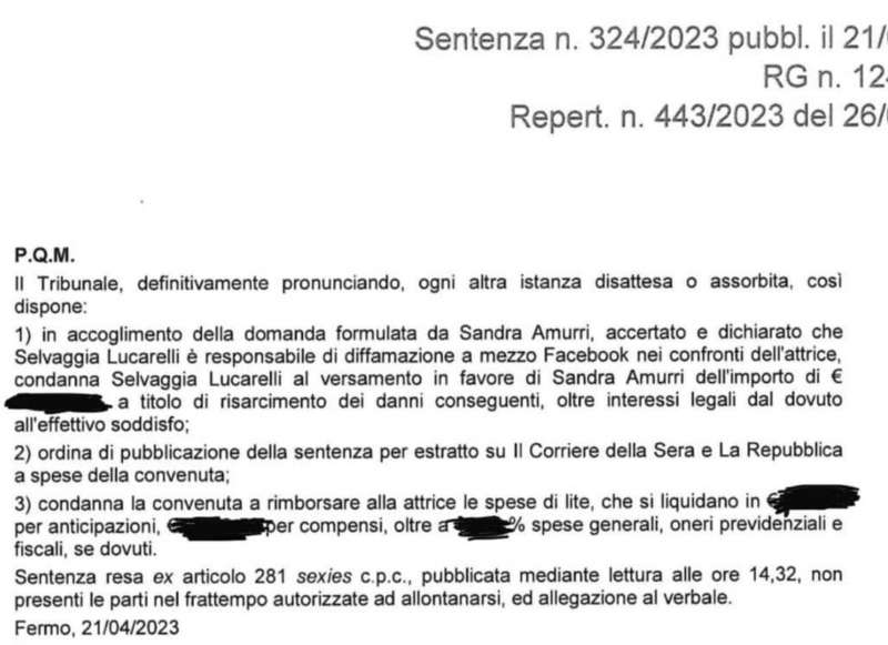 sentenza tribunale fermo condanna selvaggia lucarelli per diffamazione dal profilo fb di sandra amurri