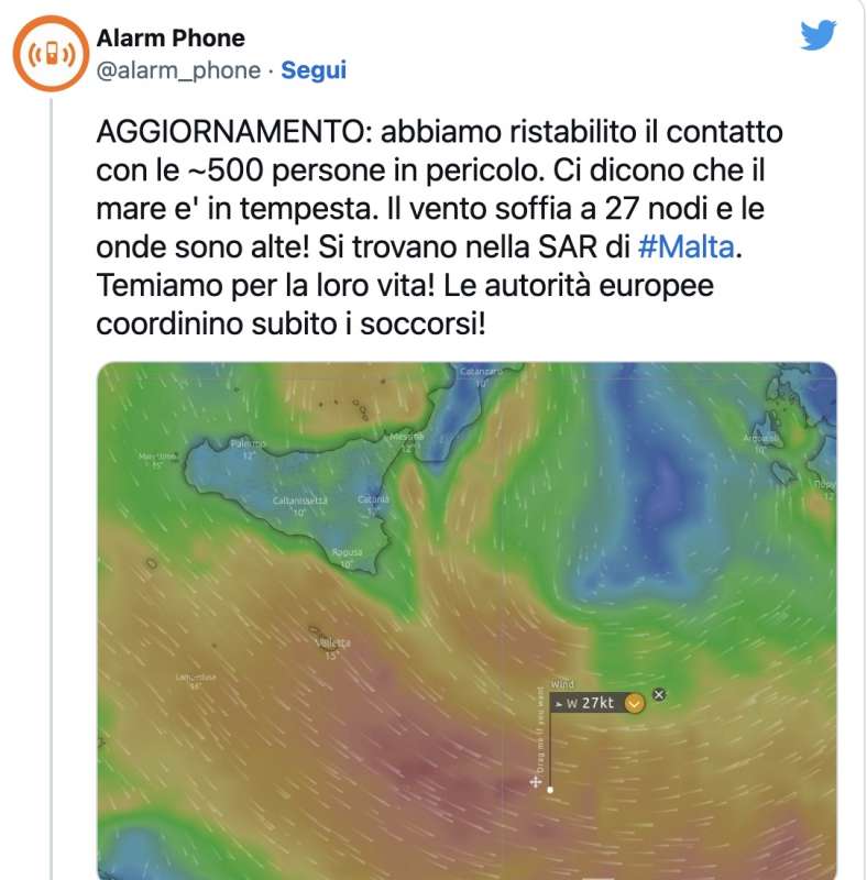 TWEET DI ALARM PHONE SULLA NAVE ALLA DERIVA NEL MEDITERRANEO