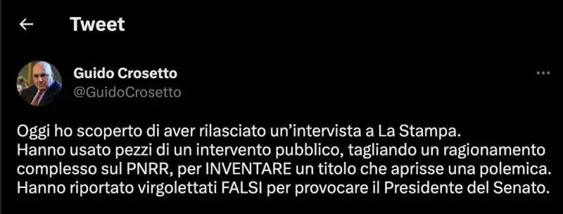 tweet di guido crosetto contro La Stampa