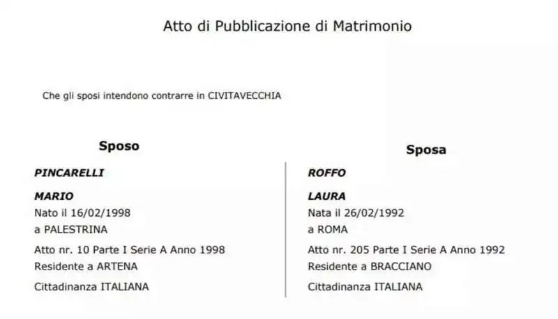 atto matrimonio mario pincarelli - laura roffo