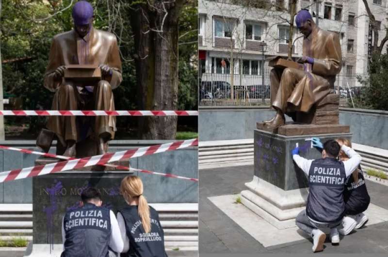 LA STATUA DI INDRO MONTANELLI IMBRATTATA DI VERNICE VIOLA