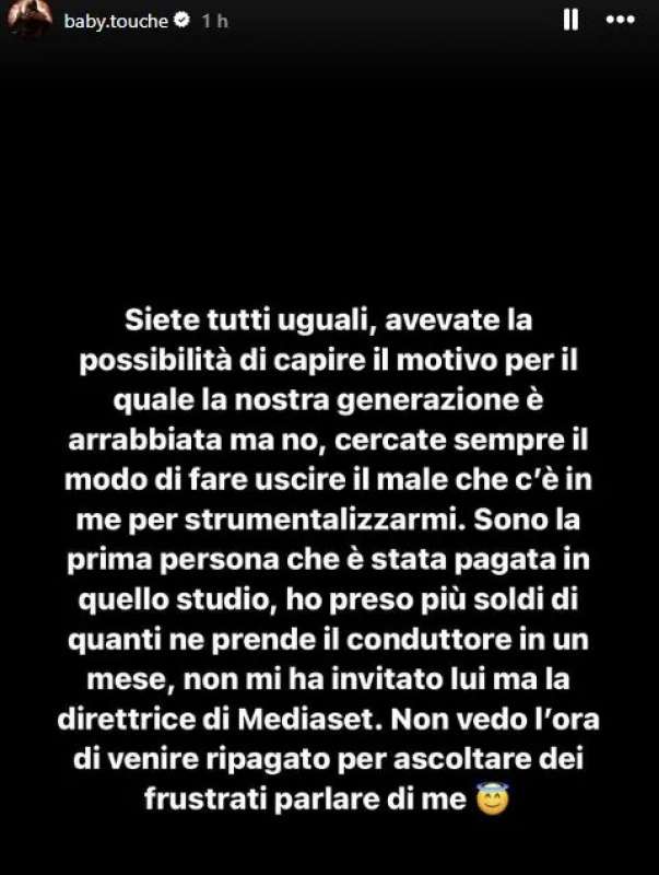 la storia instagram di baby touche dopo il telescazzo con paolo del debbio