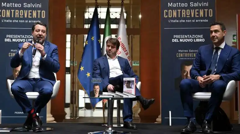 matteo salvini   giovanni sallusti   roberto vannacci presentazione del libro controvento   